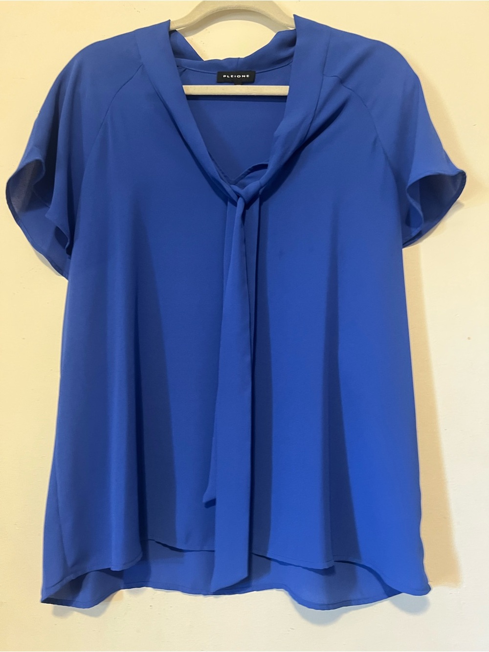 Pleione Royal Blue Tie-Neck Short Sleeve Blouse